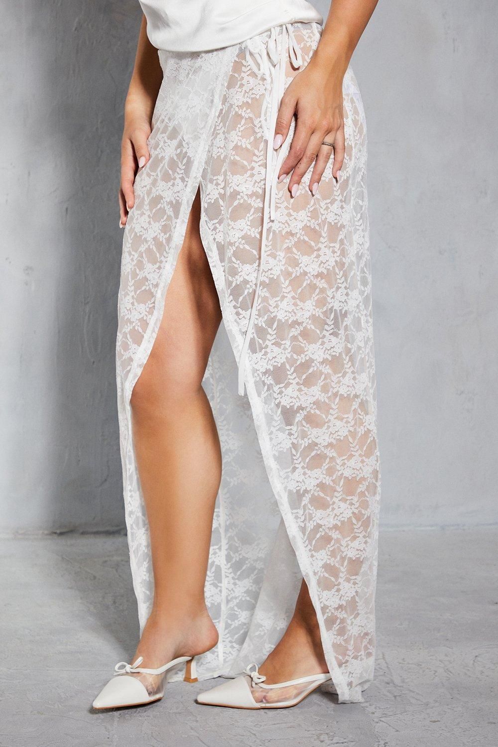MissPap Lace Tie Side Wrap Maxi Skirt White image 2