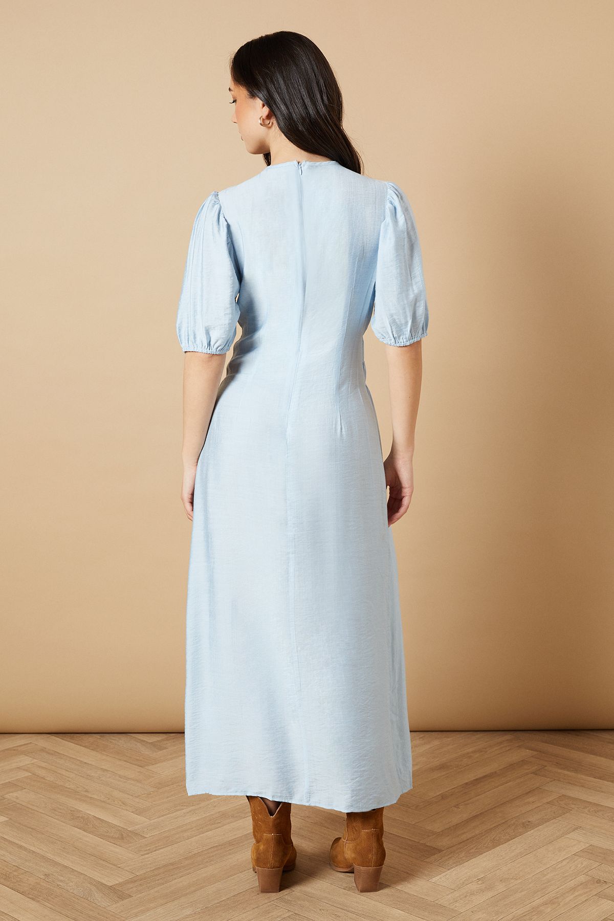 Oasis Shirred Bodice Puff Sleeve Midi Dress Blue image 3