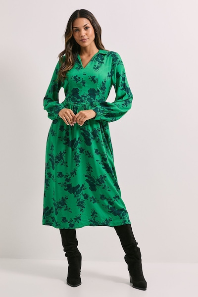 Dorothy Perkins Seam Detail Collared Blouson Sleeve Printed Midi Dress Green