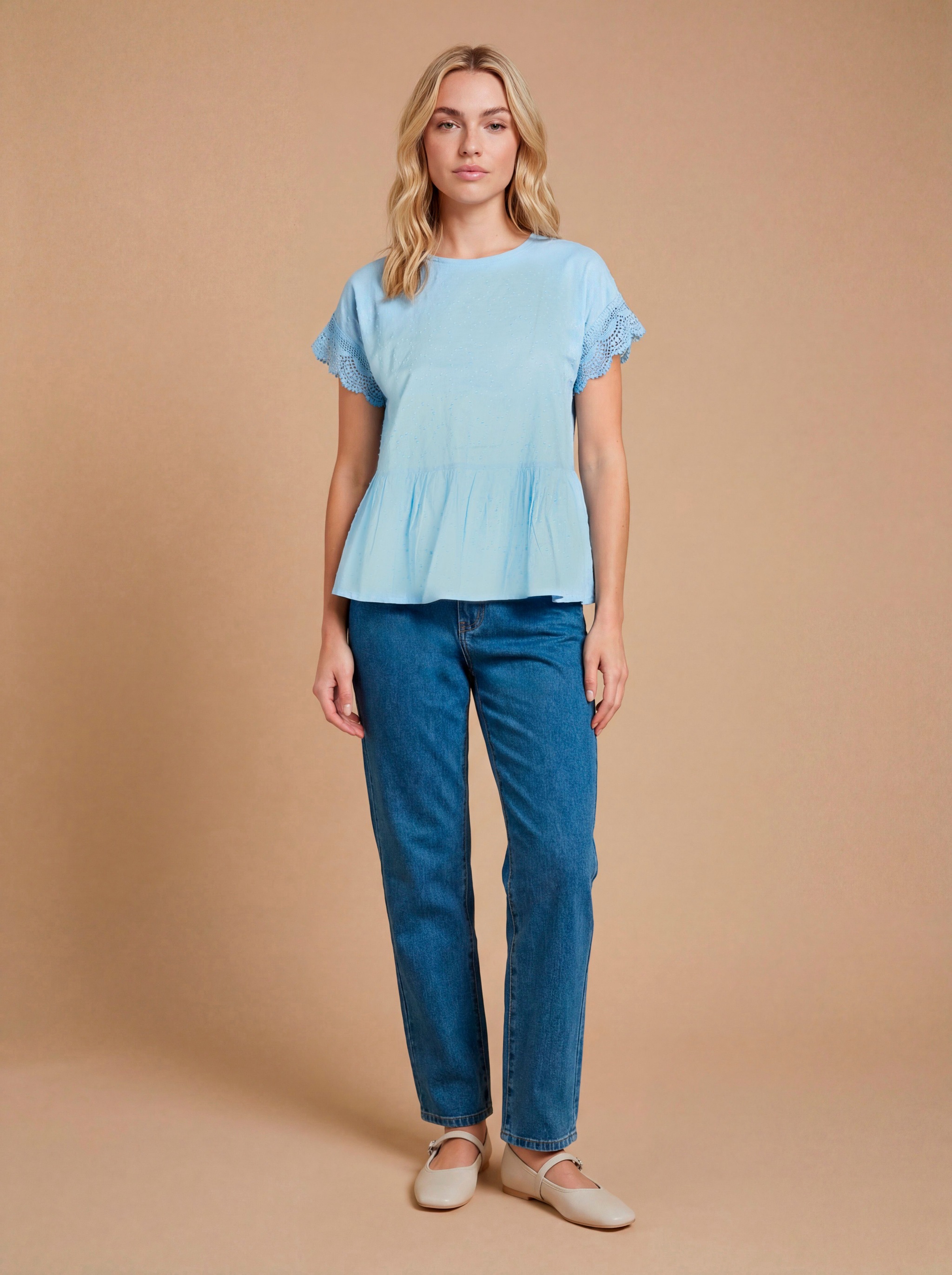 Dorothy Perkins Lace Sleeve Trim Dobby Blouse Blue