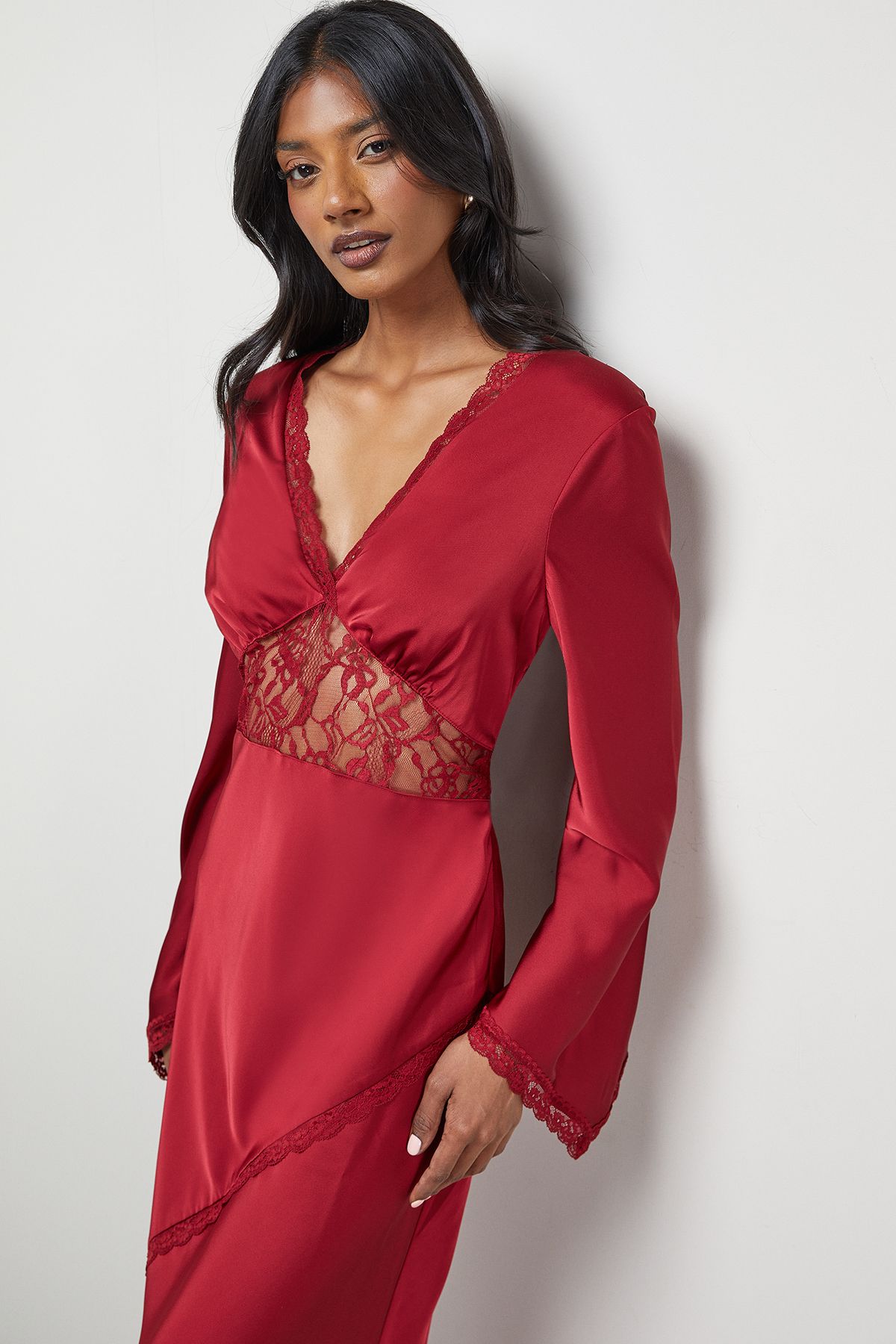 Warehouse Satin Lace Insert Flute Sleeve Midi Dress Dark Red image 4
