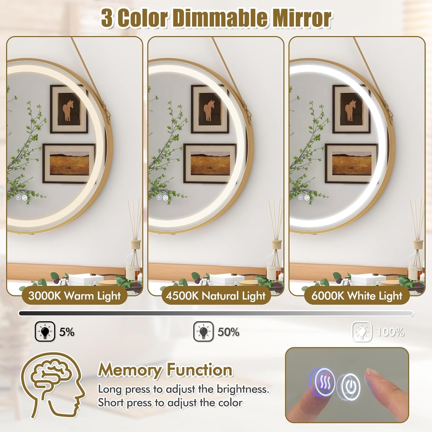 Gymax 60 x 60 CM Bathroom Wall Mirror With Hanging Strap 3 Colors LED Light image 4