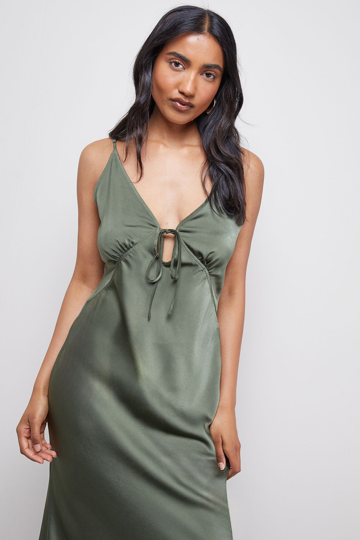 Warehouse Satin Strappy Tie Front Maxi Slip Dress Dark Olive image 2