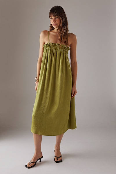 Warehouse Crushed Satin Strappy Midi Dress Olive