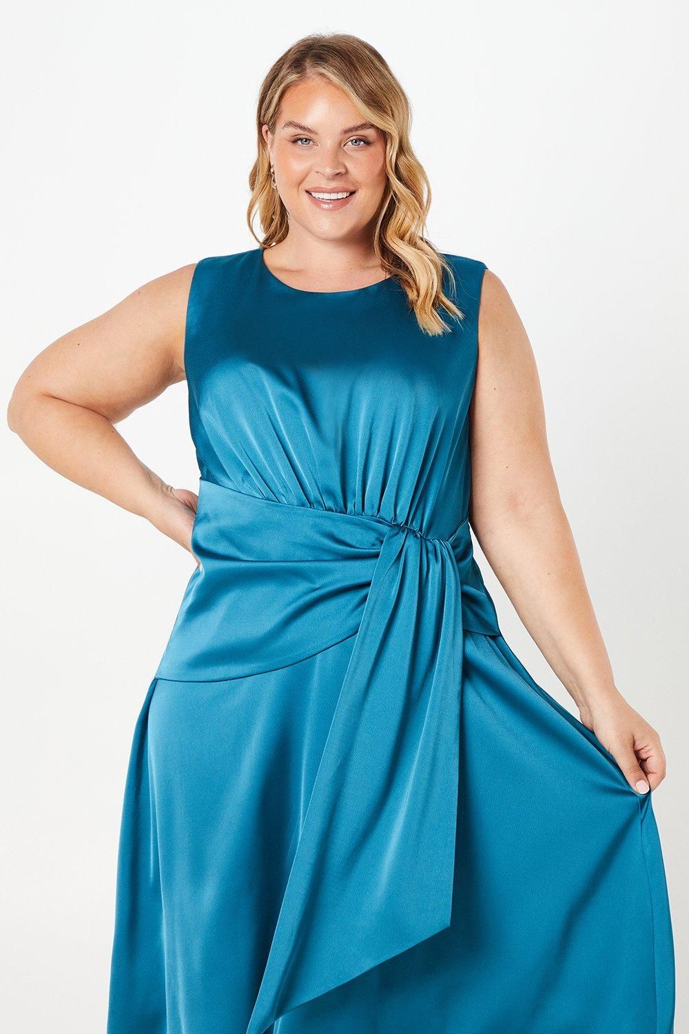 Coast Plus Satin Tie Waist Detail Midi Wedding Guest Dress Teal image 2