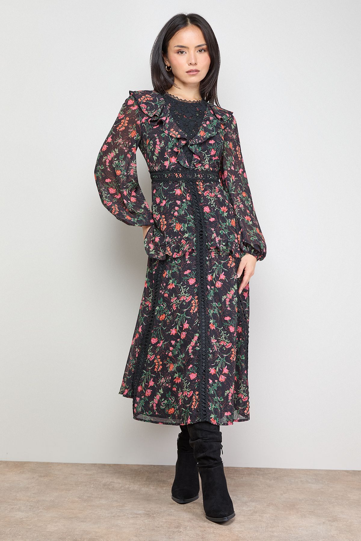 Oasis Petite Chiffon Printed Lace Trim Detail Ruffle Midi Dress Black