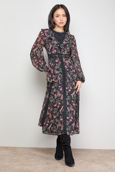 Oasis Petite Chiffon Printed Lace Trim Detail Ruffle Midi Dress Black