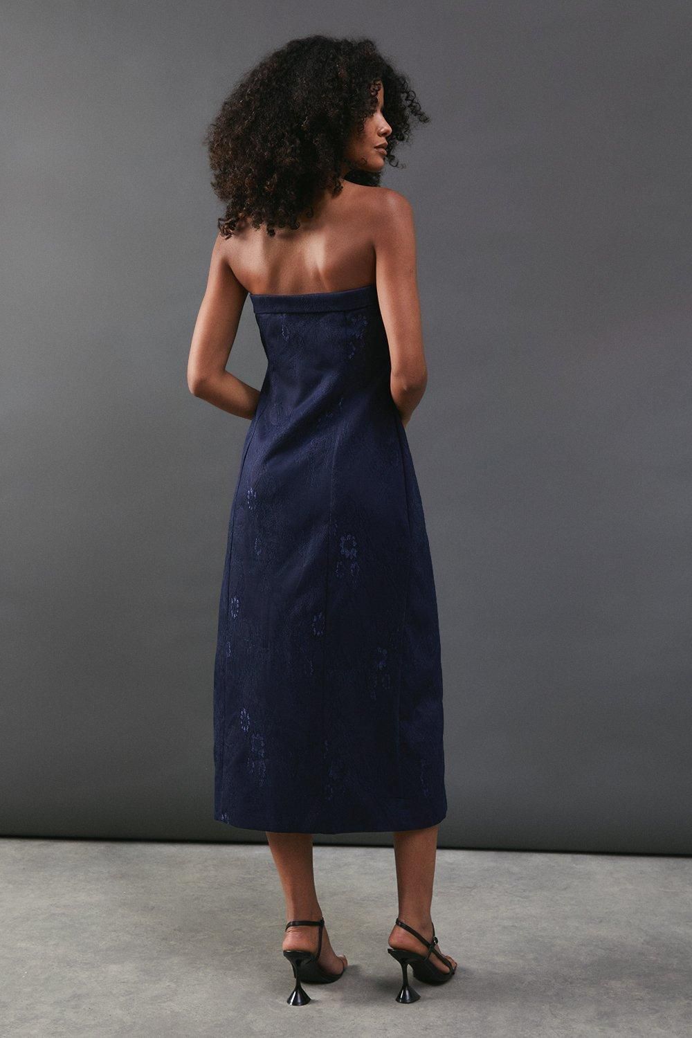 Warehouse Premium Lace Jacquard Bandeau Double Breasted Midi Dress Navy image 3