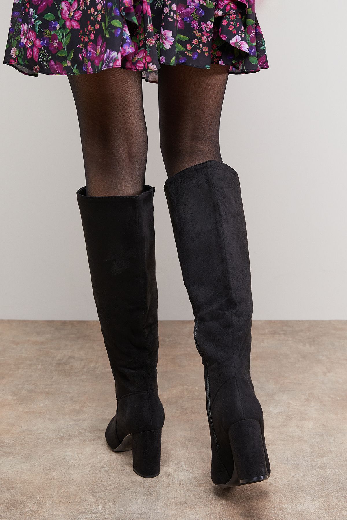 Oasis Jemima Faux Suede High Block Heel Pointed Knee Boots Natural Black image 3