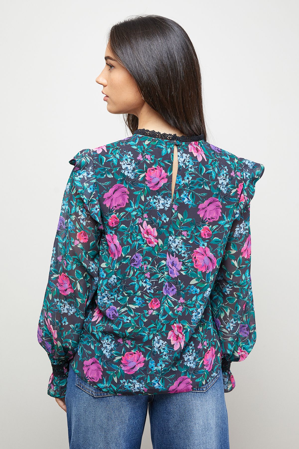 Oasis Printed Lace Trim Pleat Detail Boho Blouse Black image 3