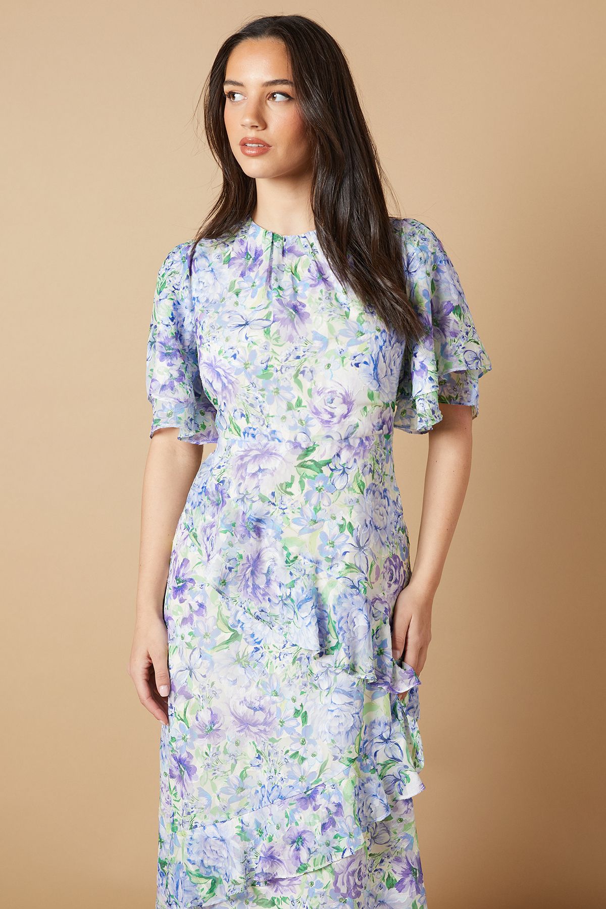 Oasis Occasion Floral Asymmetric Ruffle Jacquard Midi Dress Blue image 2