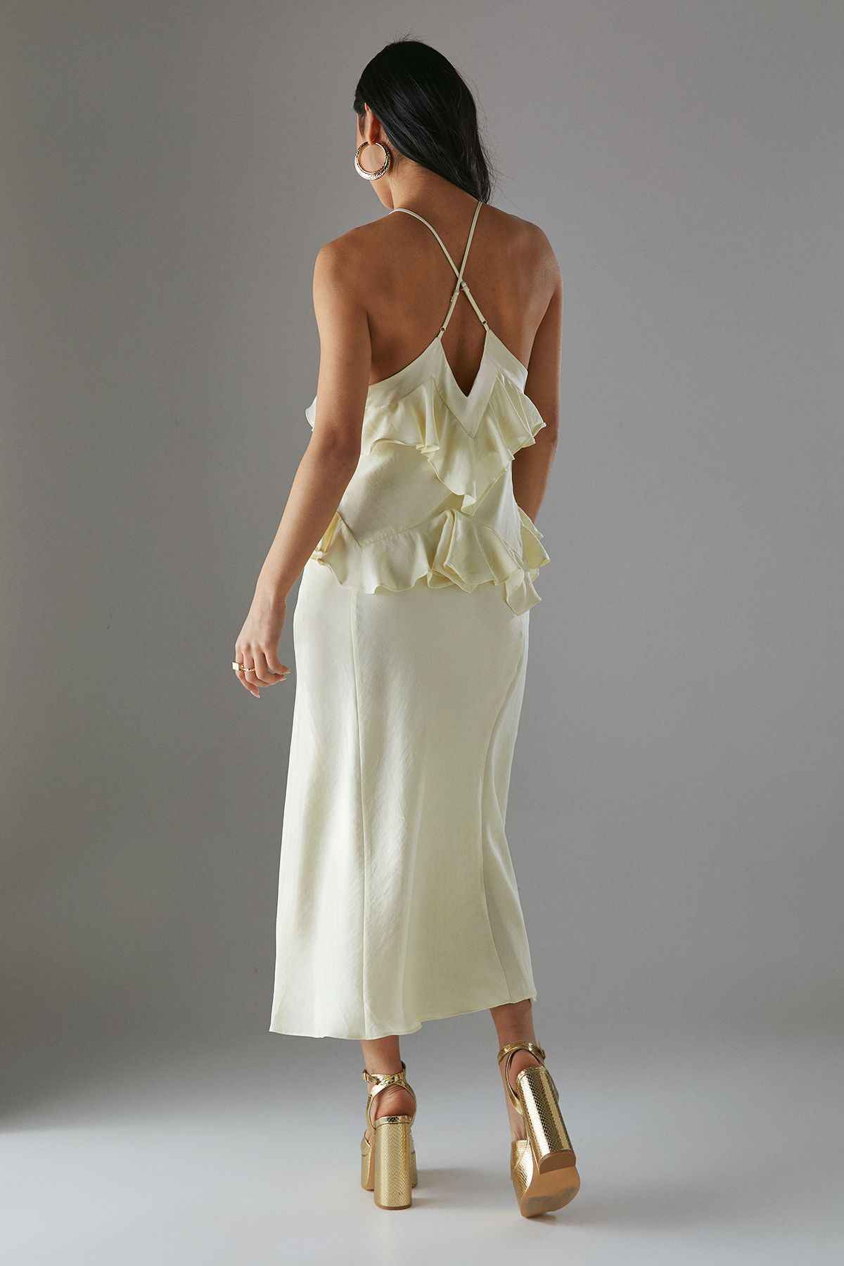 Warehouse Petite Ruffle Detail Bias Satin Dress Yellow image 4