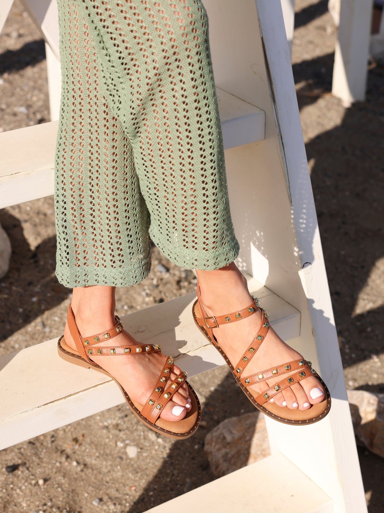 Linzi Destino Tan Faux Leather Studded Gladiator Style Flat Sandal image 2