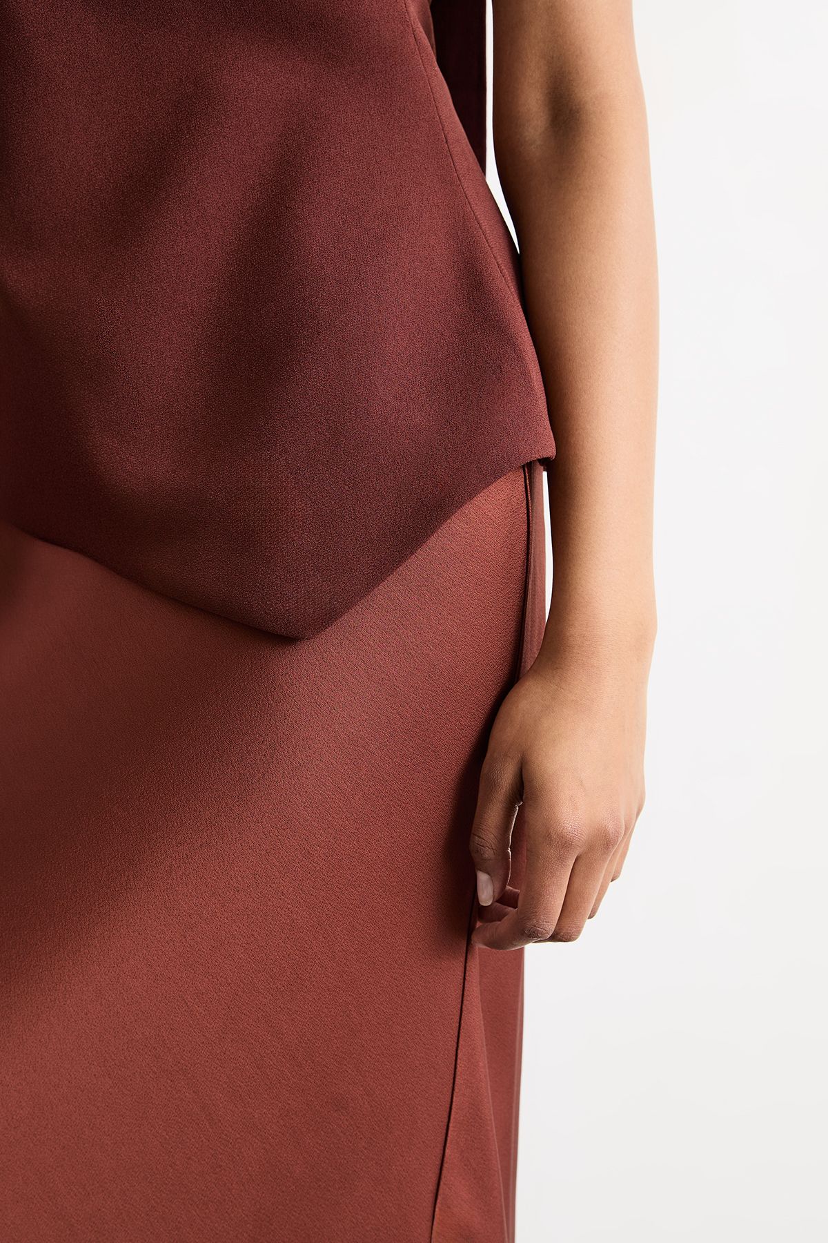 Warehouse Strapless Structured Bodice Satin Midi Dress Chocolate image 4