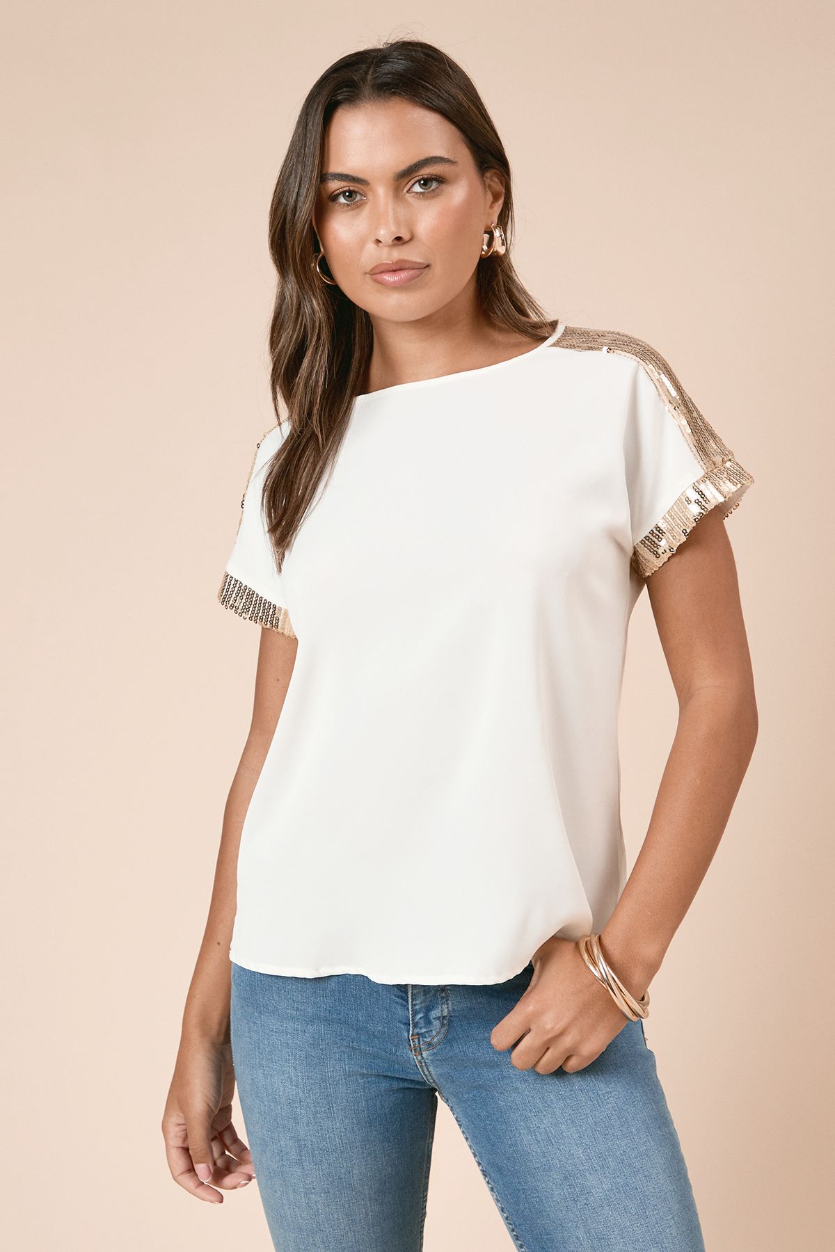 Dorothy Perkins Short Sleeve T-Shirt Sequin Blouse Ivory image 1