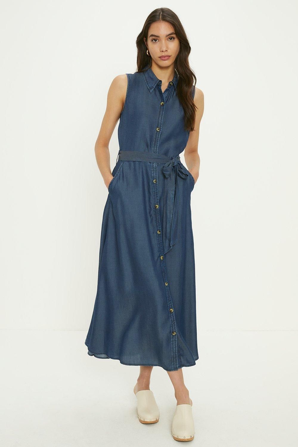 Oasis Sleeveless Midi Shirt Dress Dark Wash