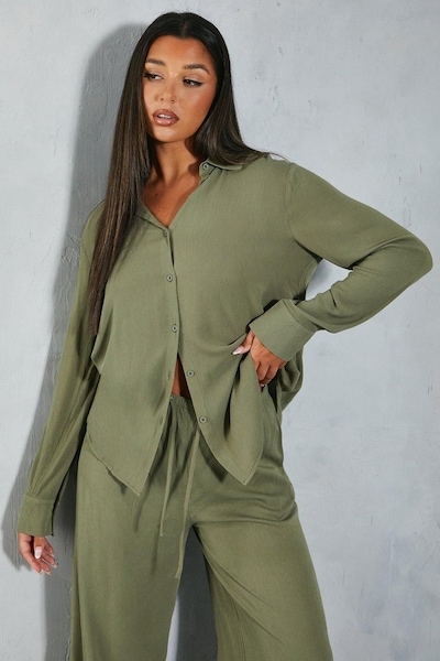 MissPap Crinkle Sheer Oversized Shirt Khaki