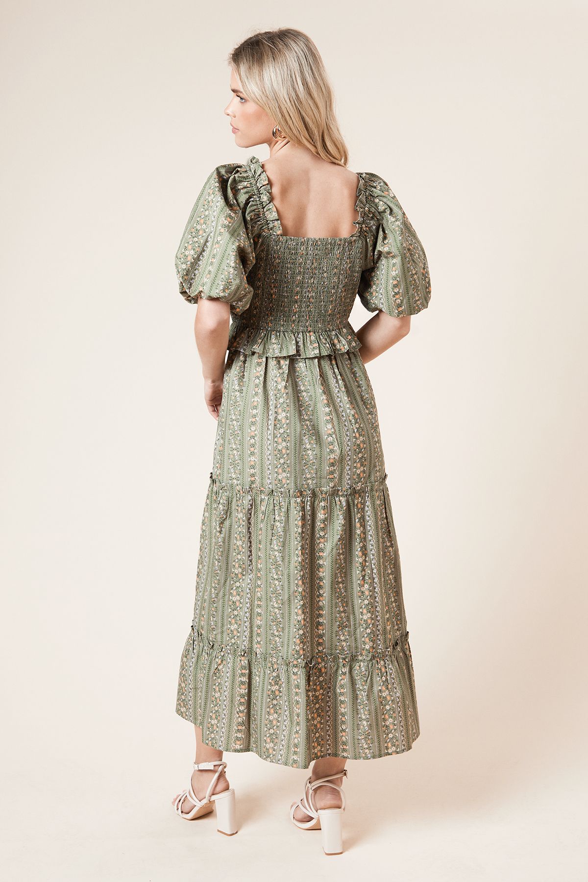 Dorothy Perkins Petite Green Linear Poplin Ruffle Square Neck Midi Dress Green image 3