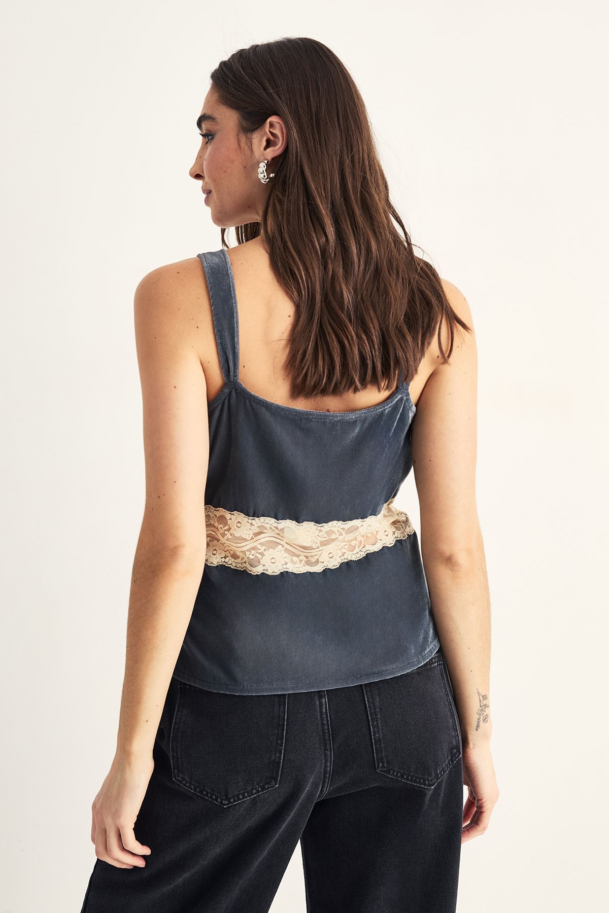 NastyGal Velvet Lace Insert Button Detail Cami Top Steel image 4