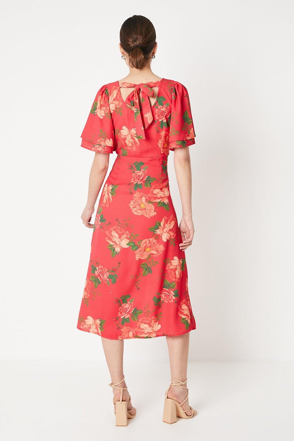 Dorothy Perkins Floral Tie Back Flutter Sleeve Midi Dress Pink image 3