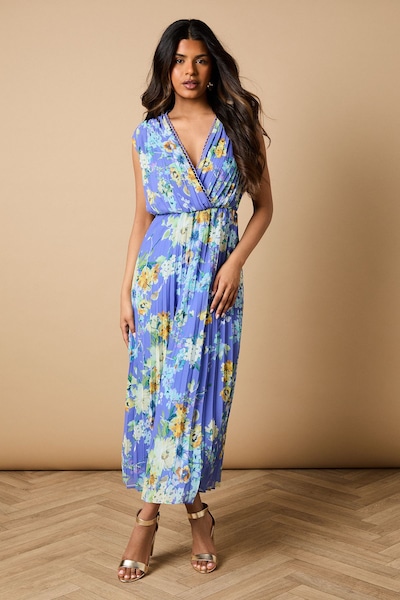 Oasis Petite Occasion Floral Pleated Wrap Midaxi Dress Blue