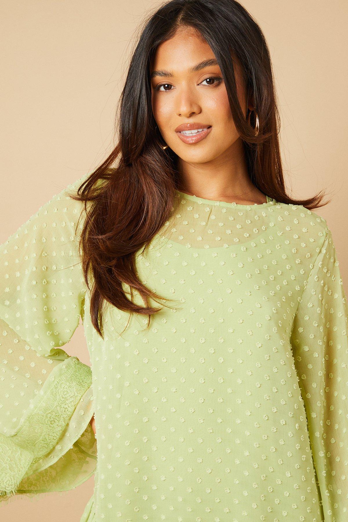 Oasis Petite Bell Sleeve Tiered Mini Dress Green image 3