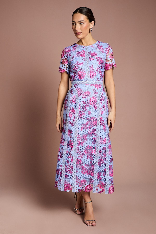 Coast Printed Lace Midi Pencil Dress Blue