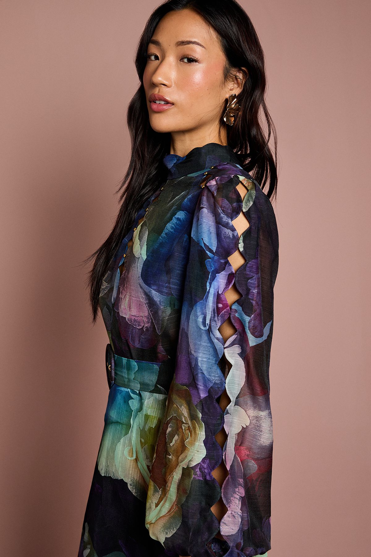 Coast Long Sleeve Scallop Cut Out Detail Organza Midi Dress Navy image 4