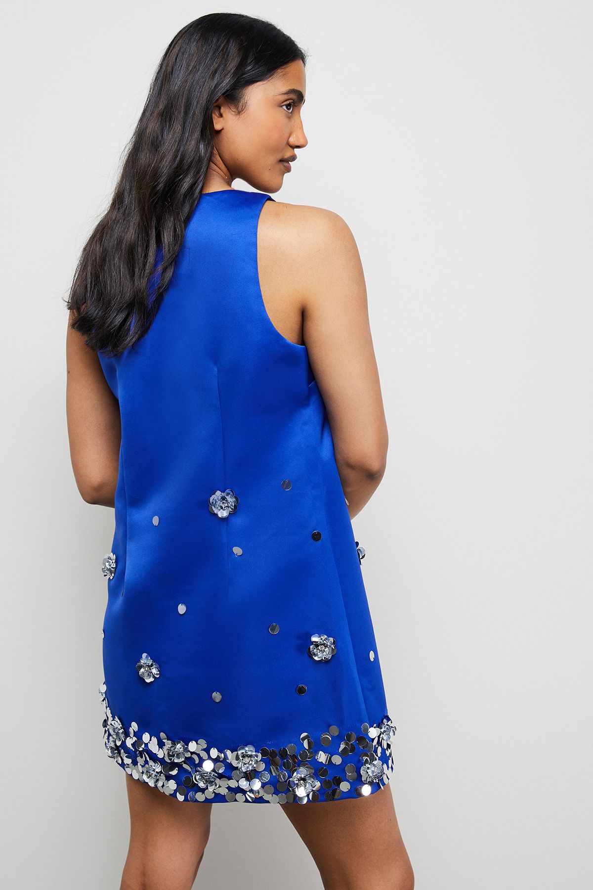 Warehouse Embellished Heavy Satin Plunge Neck Mini Dress Cobalt image 3
