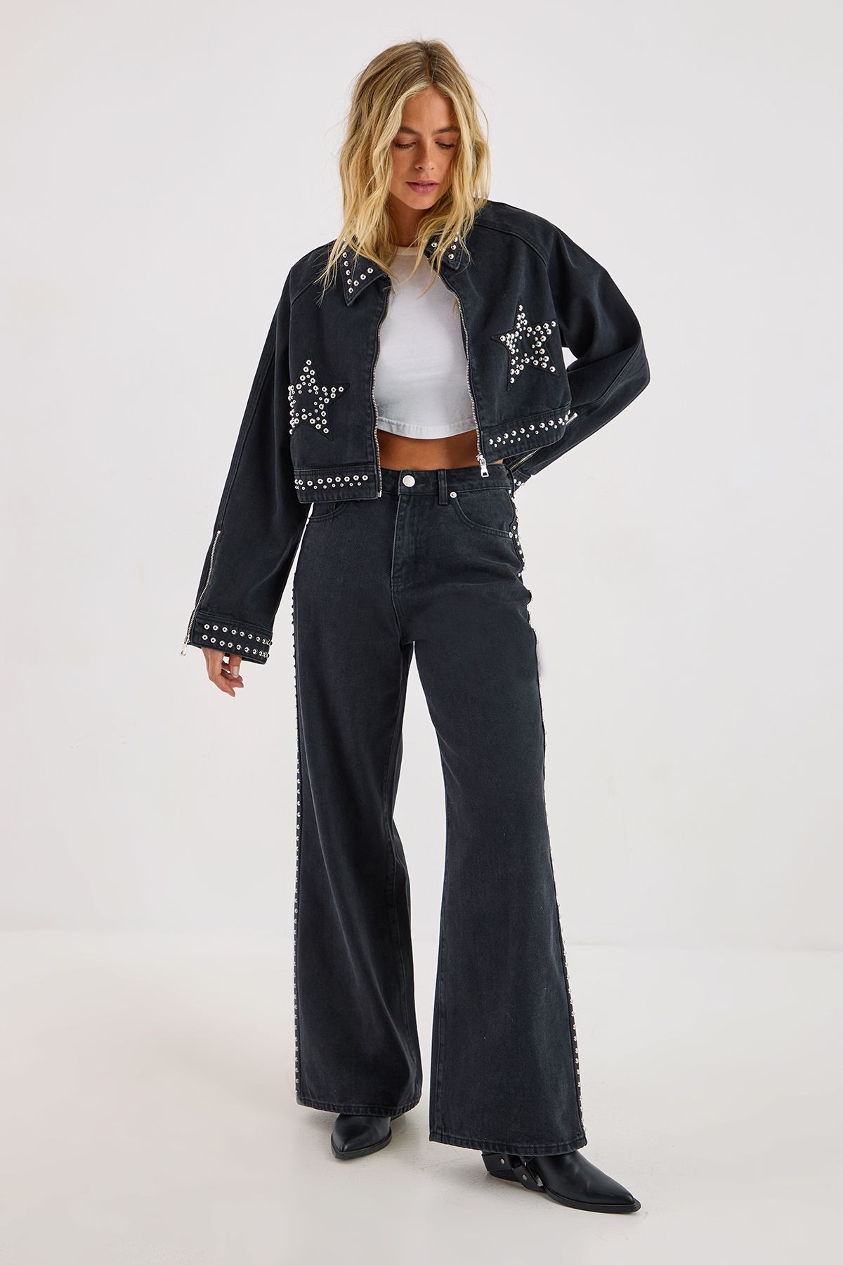 NastyGal Star Studded Denim Cropped Jacket Washed Black image 2