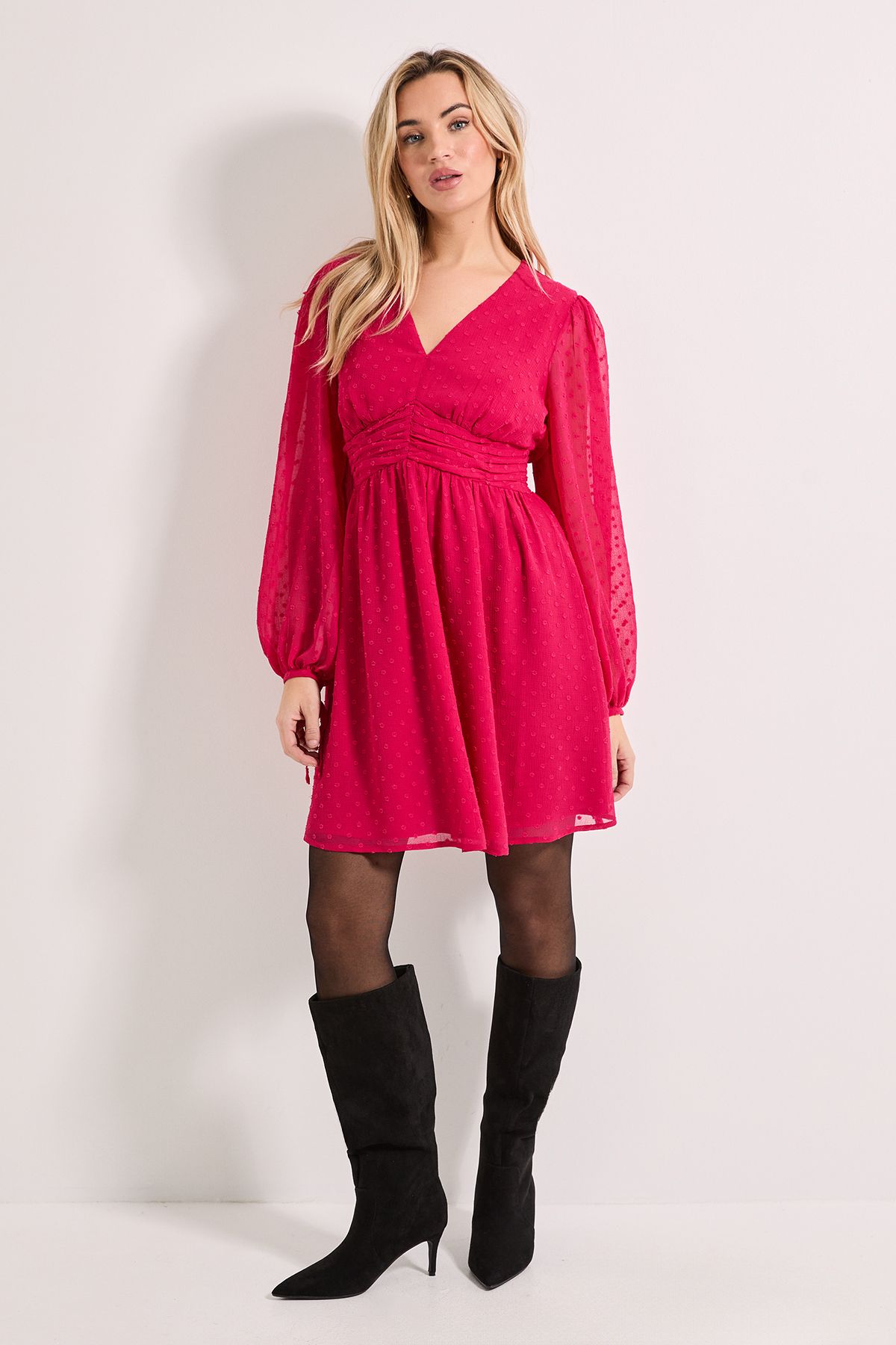 Dorothy Perkins Gathered Waistband Detail Chiffon Mini Dress Dark Pink image 2