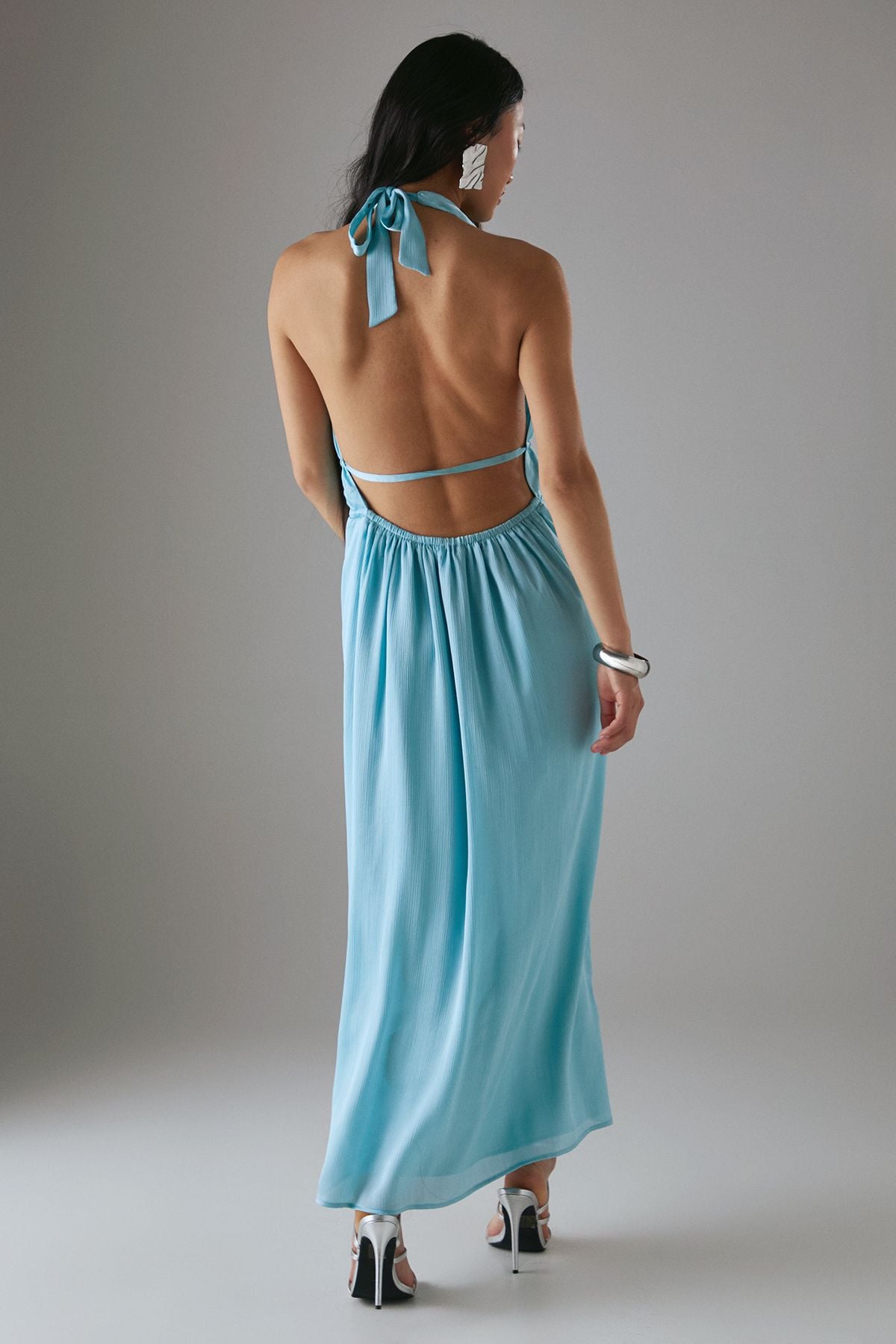 Warehouse Petite Crinkle Satin Halter Drawstring Waist Bias Midi Dress Aqua image 3