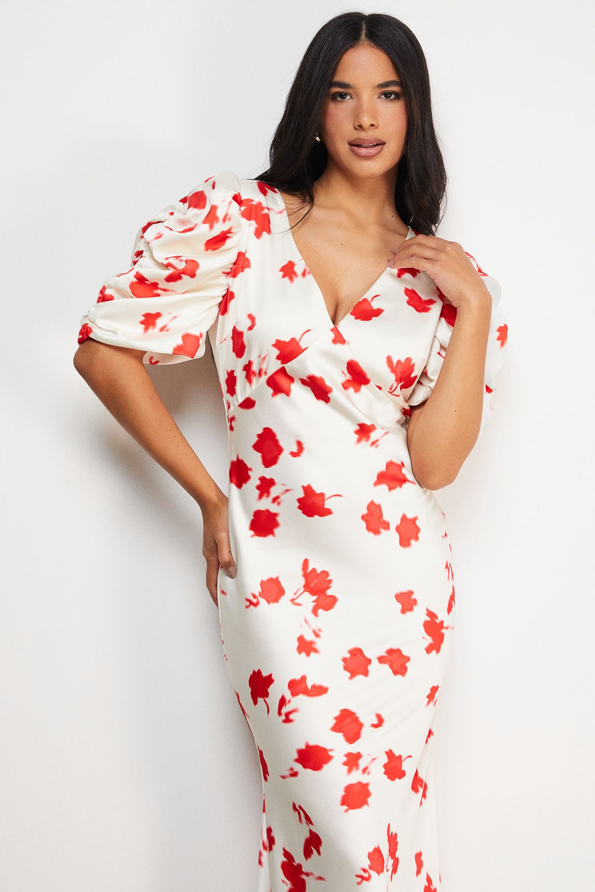 Warehouse Satin Pleat Volume Sleeve Plunge Bias Midi Dress Floral image 2