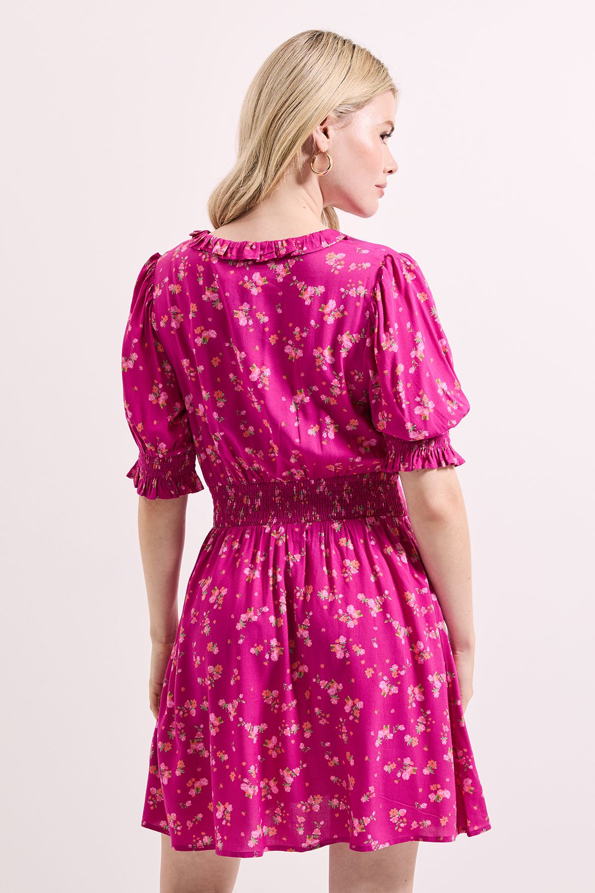 Dorothy Perkins Pink Floral Shirred Waist Tie Neck Mini Dress Pink image 4