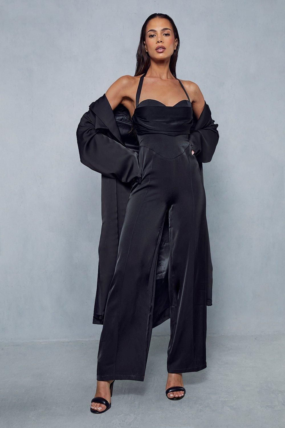 MissPap Satin Draped Bust Halterneck Straight Leg Jumpsuit Black image 4