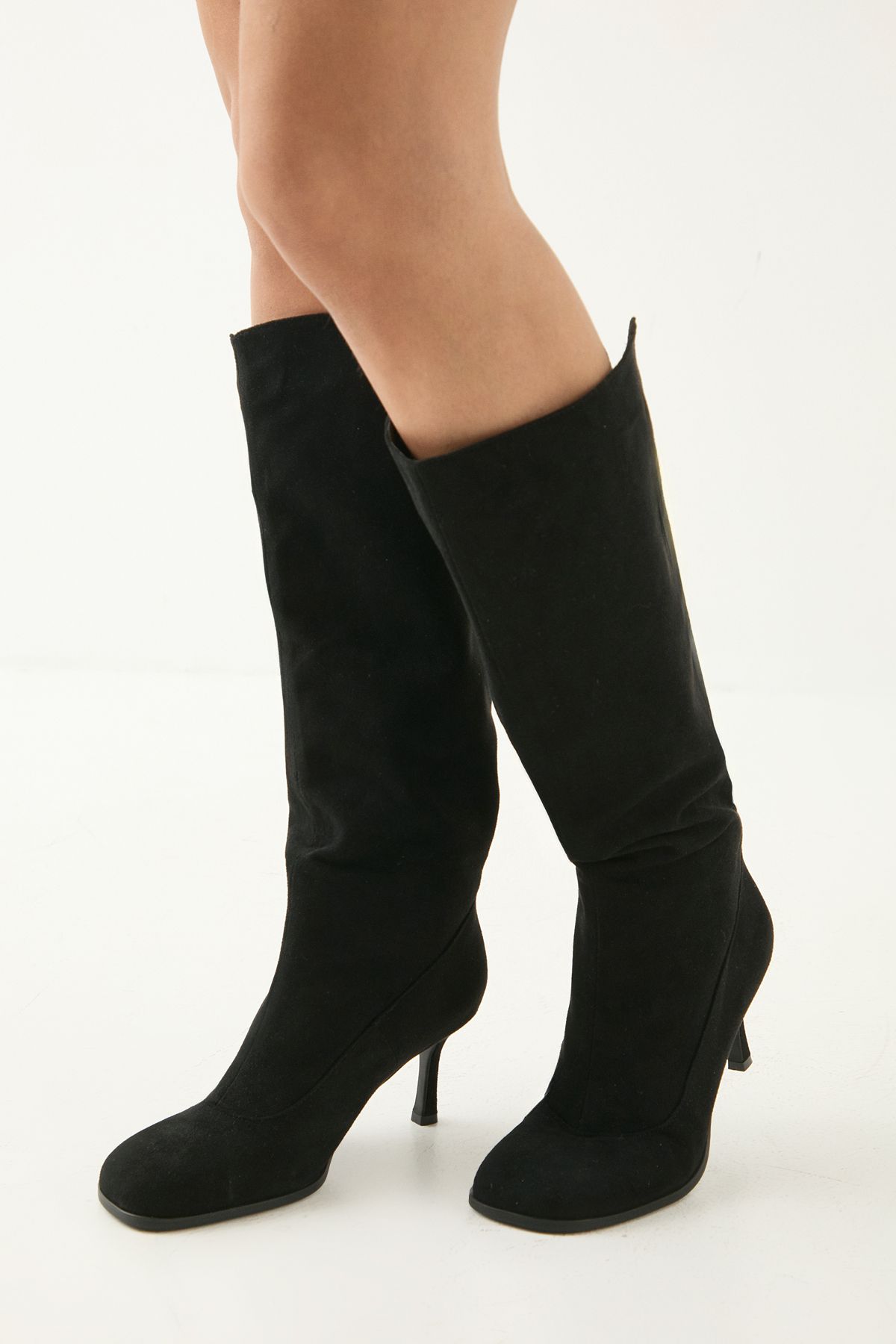 MissPap Faux Suede Square Toe Stiletto Heel Knee Boots Natural Black