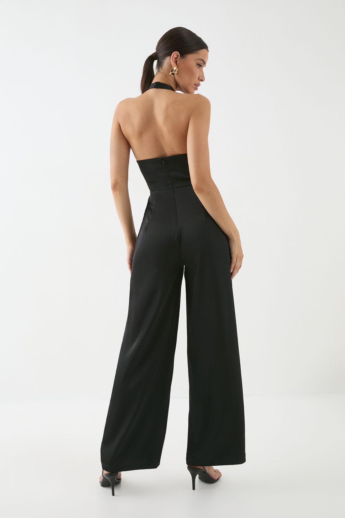 MissPap Satin Cowl Halter Neck Jumpsuit Black image 3