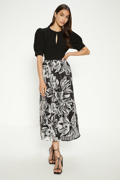 Oasis Floral Striped Organza Puff Sleeve Midi Dress Black