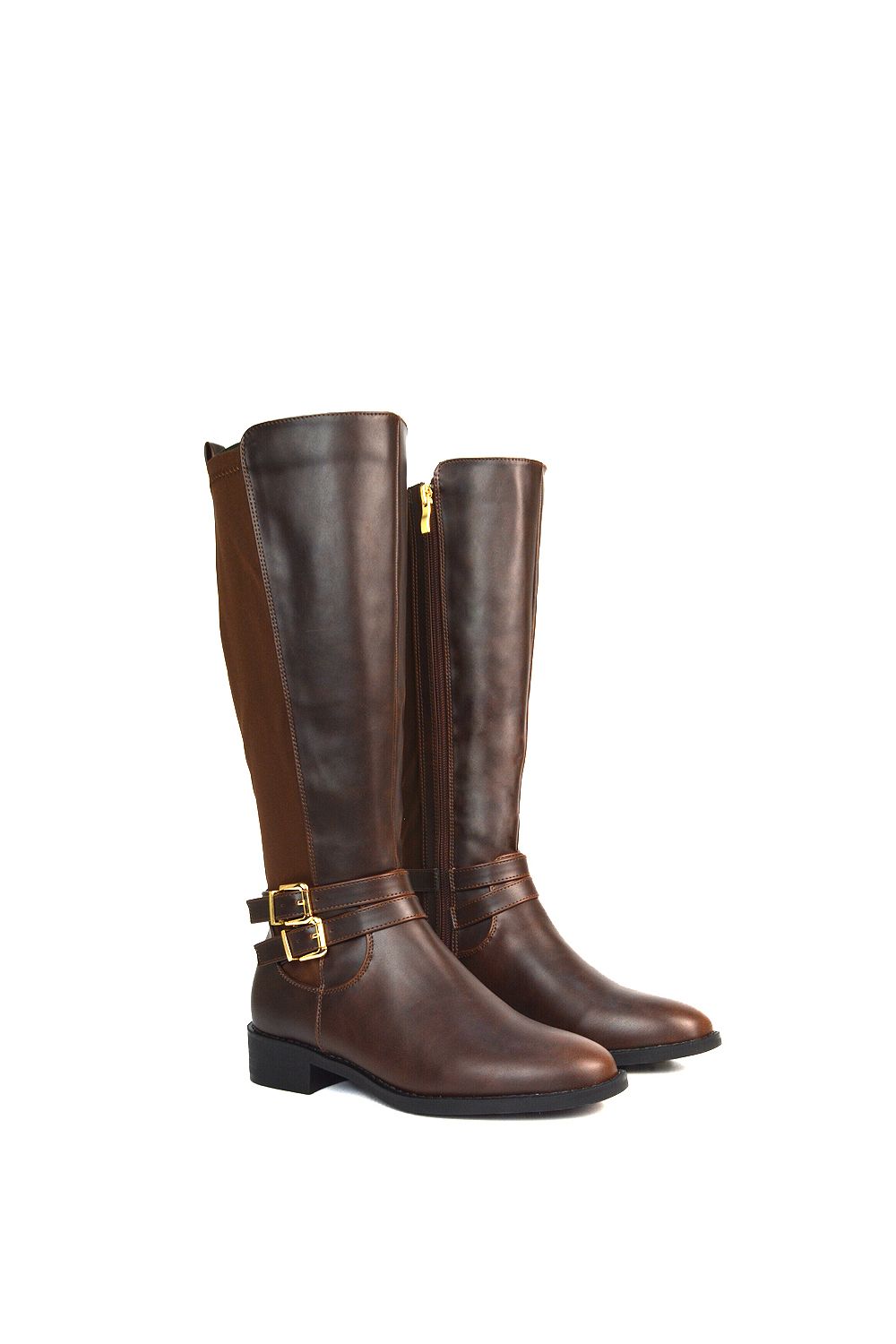 XY London 'Charlie'' Flat Heel Zip Up Knee High Stretchy Boots With Buckle image 3