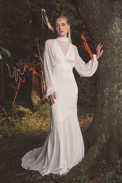 Coast Chiffon Overlay Bohemian Long Sleeve Maxi Wedding Dress Ivory