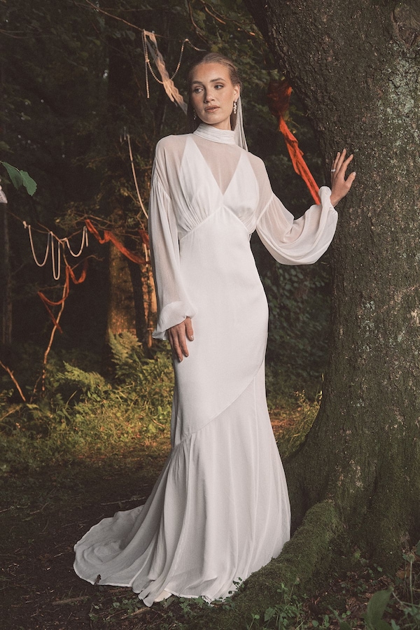 Coast Chiffon Overlay Bohemian Long Sleeve Maxi Wedding Dress Ivory