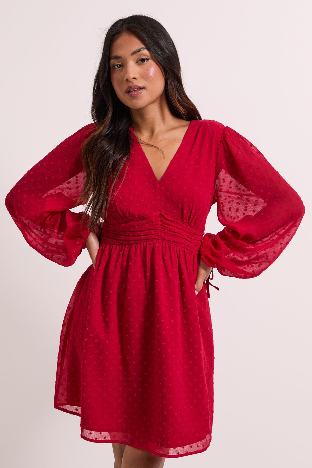 Dorothy Perkins Petite Gathered Waistband Detail Chiffon Mini Dress Red image 2