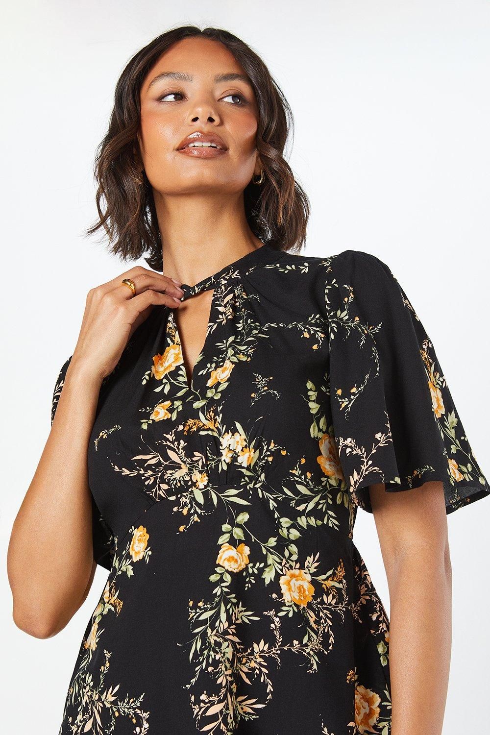 Dorothy Perkins Black Floral Twist Neck Keyhole Blouse Black image 4