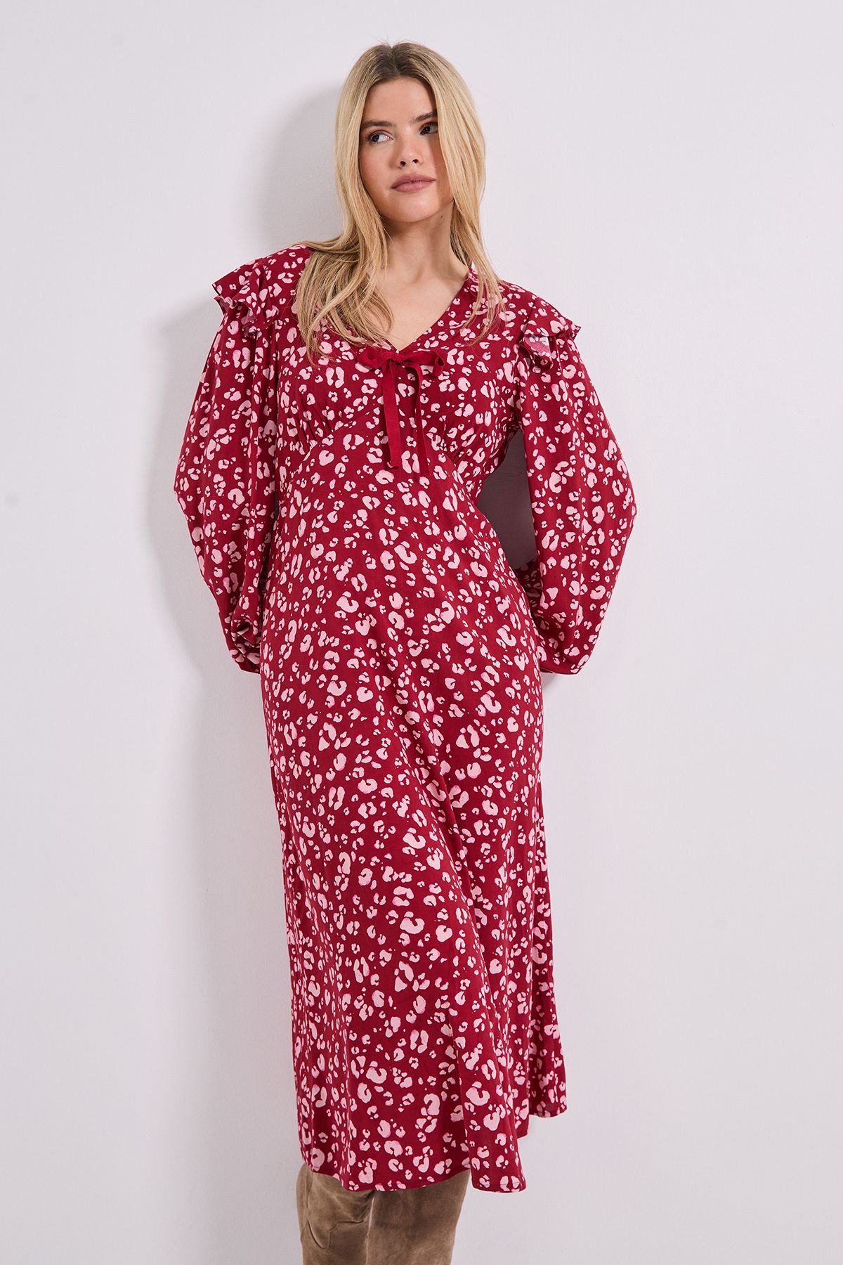 Dorothy Perkins Pink Animal Contrast Bow Detail Frill Printed Midaxi Dress Pink image 2