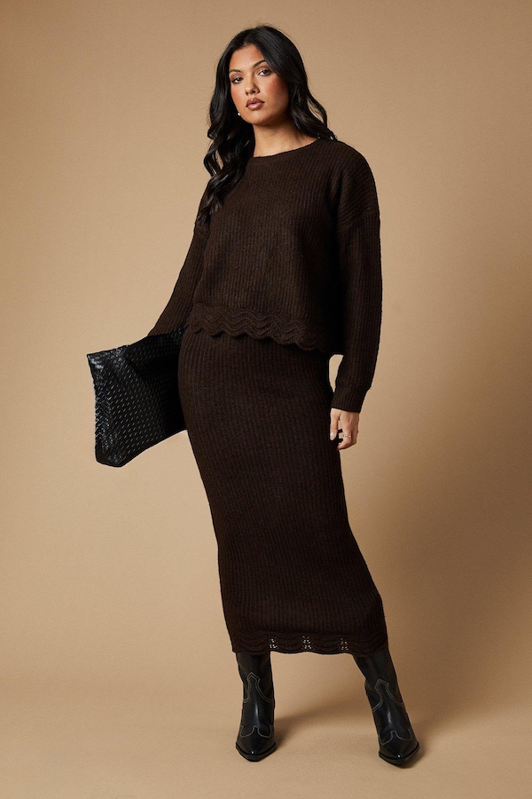 Oasis Scalloped Hem Crew Neck Jumper Co Ord Chocolate