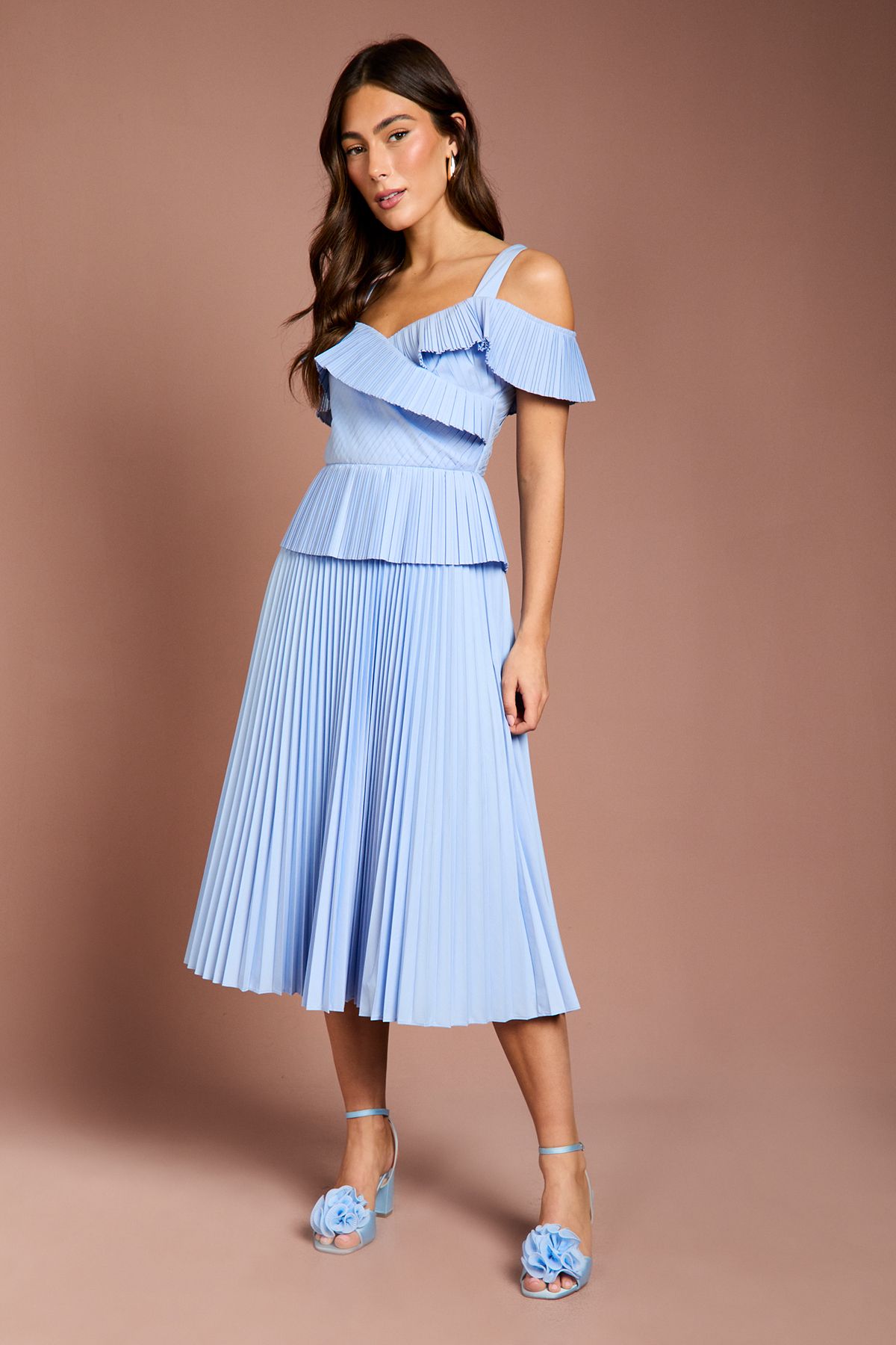 Coast Pleated Strappy Midi Dress Light Blue
