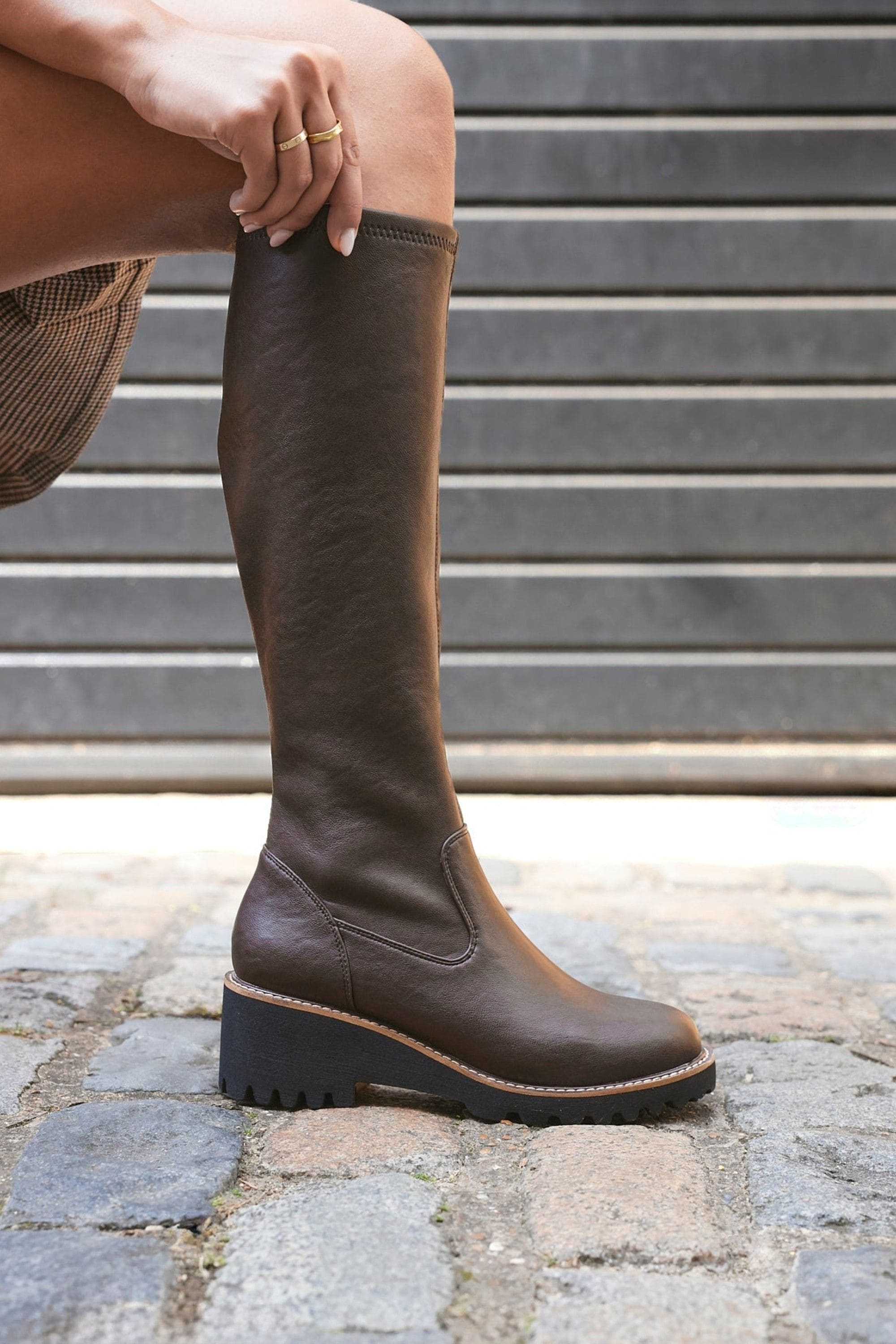 Linzi Resist Brown Faux Leather Stretch Wedge High Leg Boot image 2