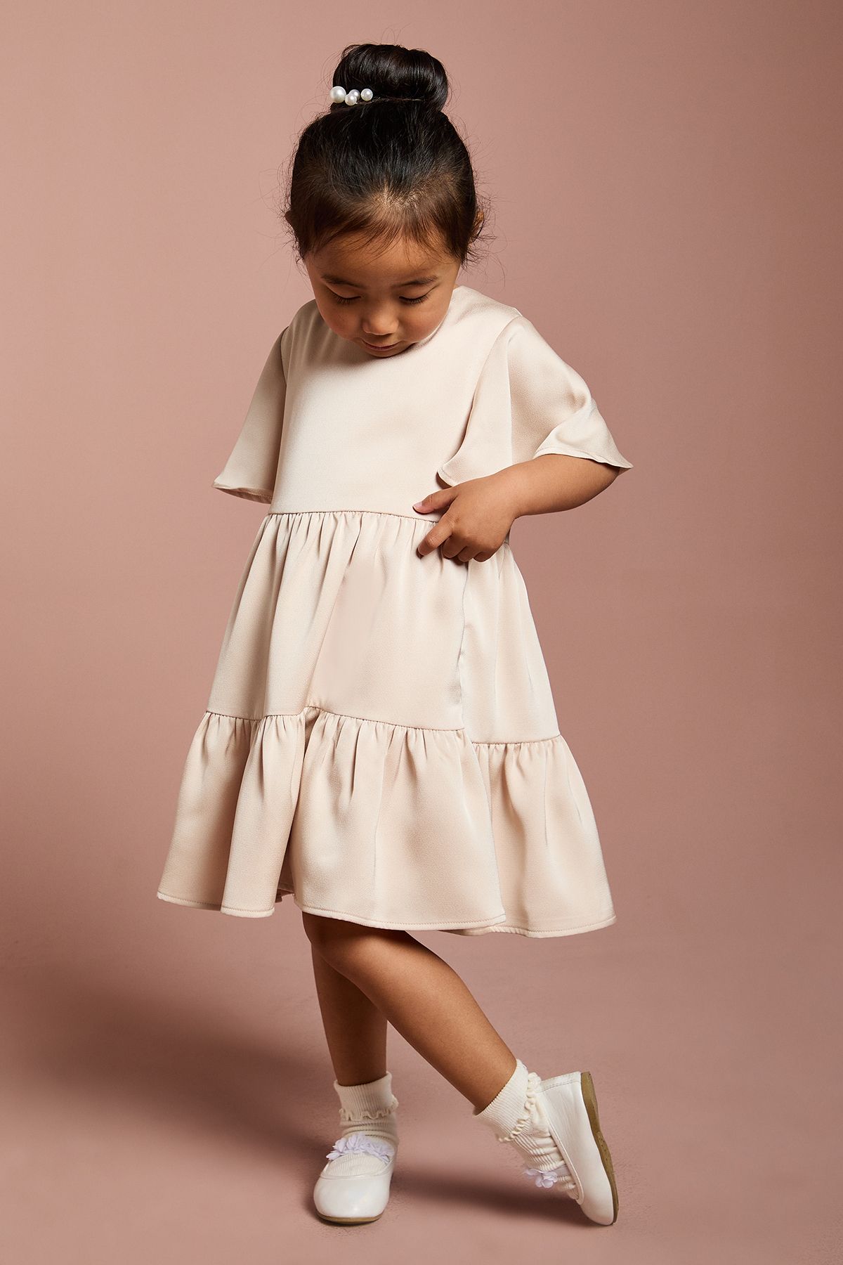 Coast Girls Satin Back Crepe Tiered Angel Sleeve Dress Champagne image 2