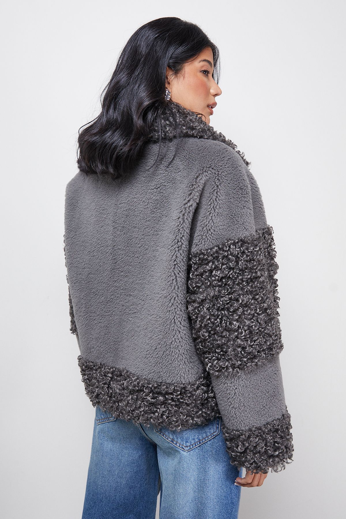 Warehouse Fur Mix Zip Through Jacket Grey image 3