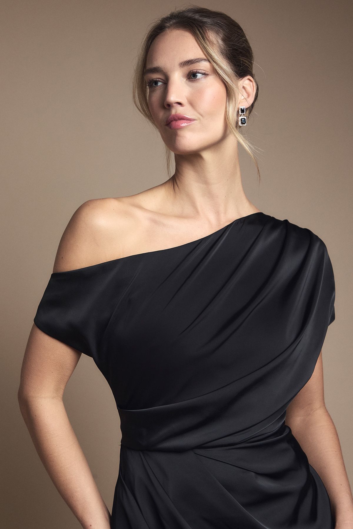 Coast Satin Ruched Detail Off The Shoulder Maxi Bridesmaid Dress Black image 4